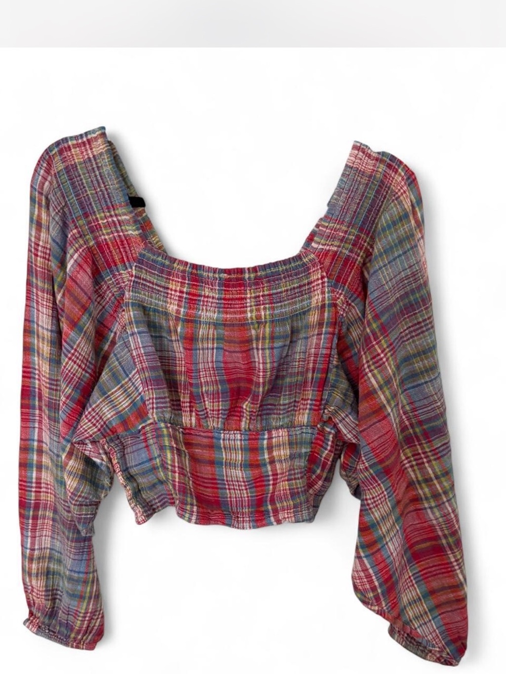 Free People Plaid Smocked Crop Top Long Sleeve Size M - Picture 2 of 3